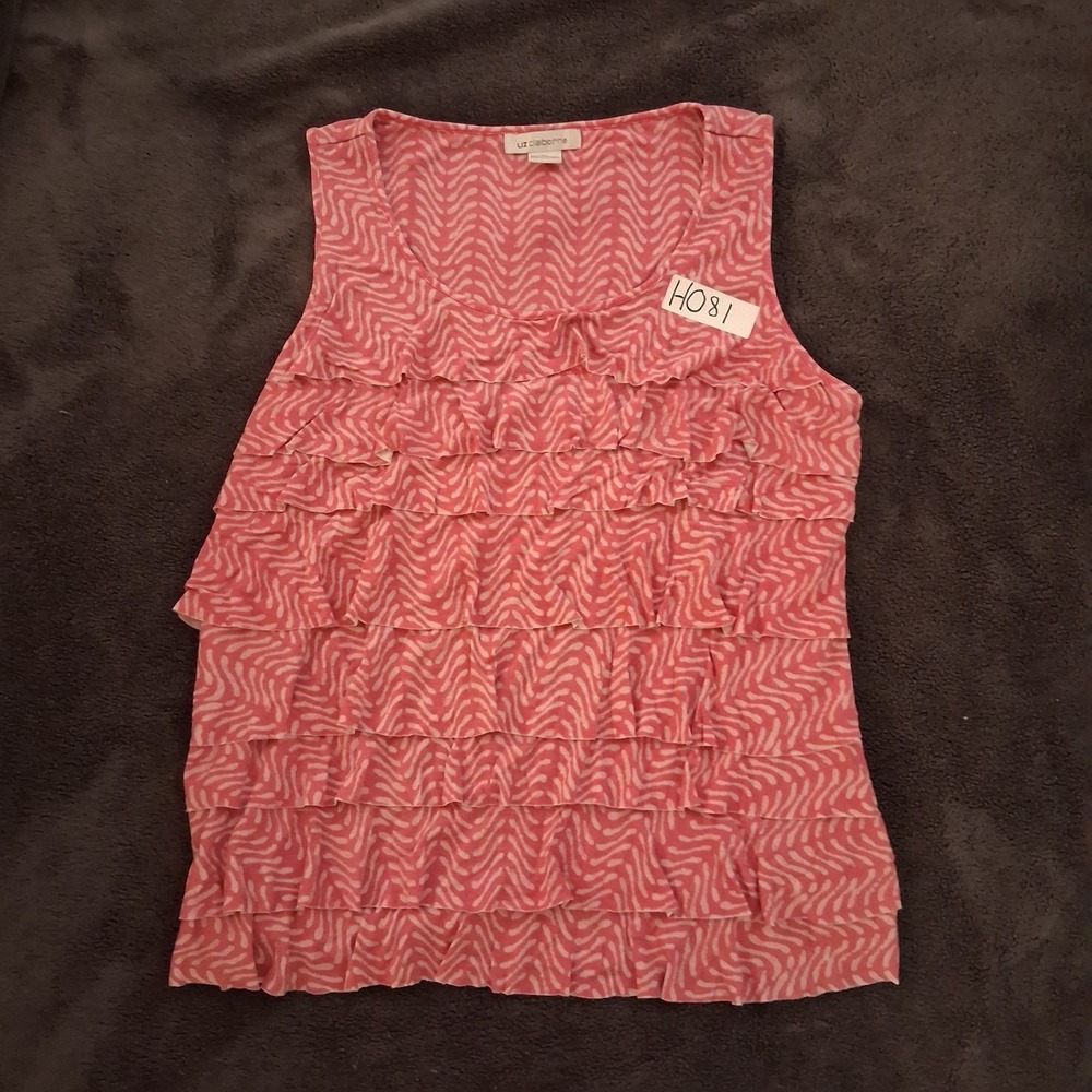Liz Claiborne Ruffle Sleeveless Tank Top Womens Pink White XL Rayon Pattern
